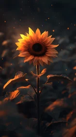 Digital painting study of luminous sunflower in dusk field.