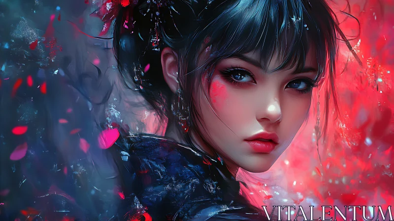 Digital portrait shows young woman framed by vivid red light