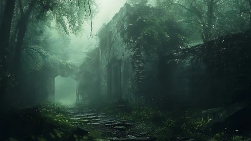 Misty forest ruins with overgrown stone archway passage.