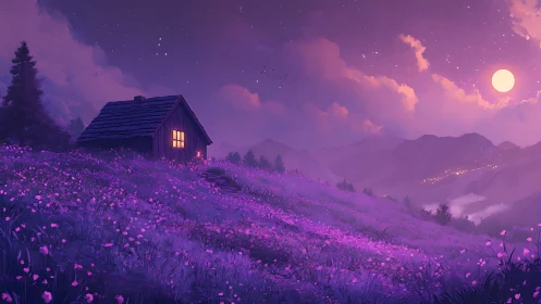 Moonlit cabin hums softly above a violet wildflower tide