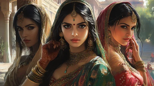 Elegant Indian Women in Traditional Attire, Vibrant Digital Art.