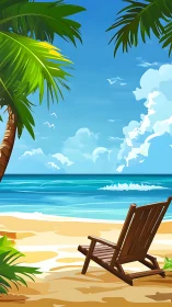 Sunny seaside escape with a cozy chair by gentle waves.