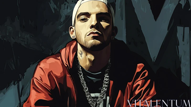 Urban portrait of confident rapper in red jacket artwork.