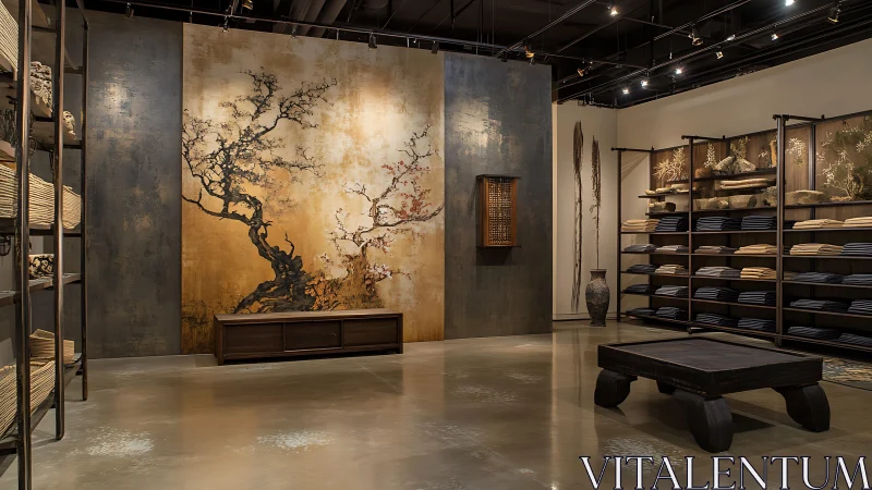 Interior retail space showcases large mural and folded textiles