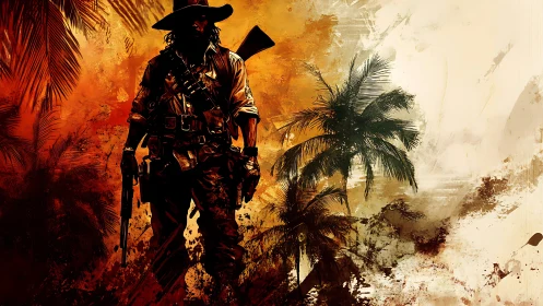 Silhouetted armed figure in tropical landscape illustration.