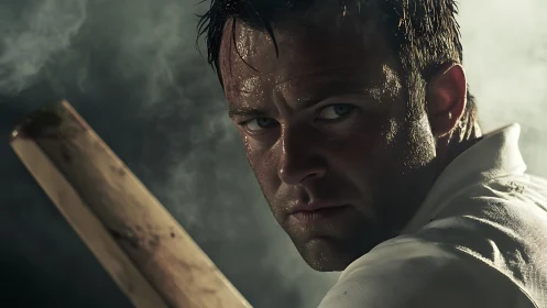 Intense cricket batter portrait under moody stadium light.