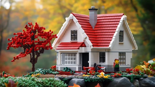 LEGO autumn cottage scene renders stylized suburban tranquility