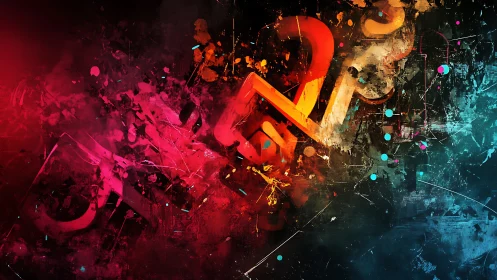 Abstract neon glyphs cut through chaotic color storm.