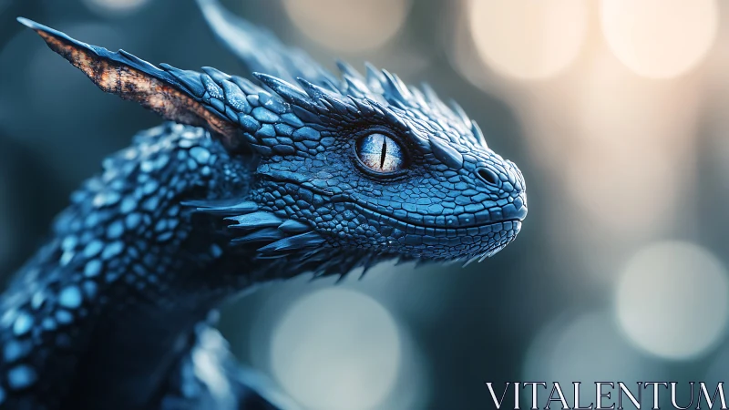 Blue-scaled young dragon profile in soft bokeh light.