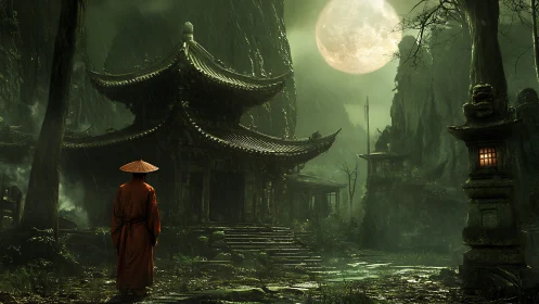 Moonlit monk approaching a rain-soaked mountain temple.
