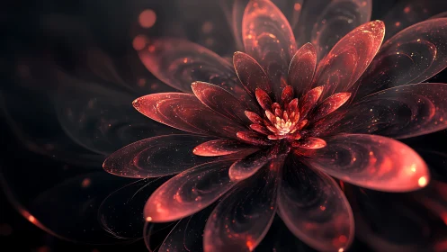 Digital painting of luminous crimson fractal flower structure.