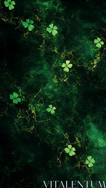 Soft green clovers glowing gently in a dreamy forest mist.