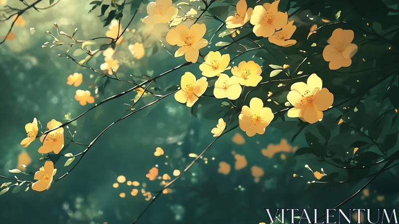 Yellow Flowers Glowing Against Deep Green Foliage