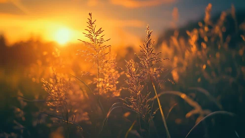 Backlit wild grass in warm golden sunset light outdoors.