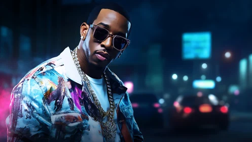 Urban nightlife portrait of stylish man in neon city glow.