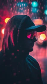 Hooded figure under neon rain in moody urban night portrait.