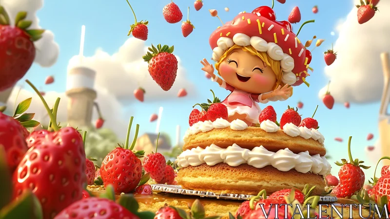 Strawberry Shortcake Character with Stratified Cake and Floating Fruit Elements