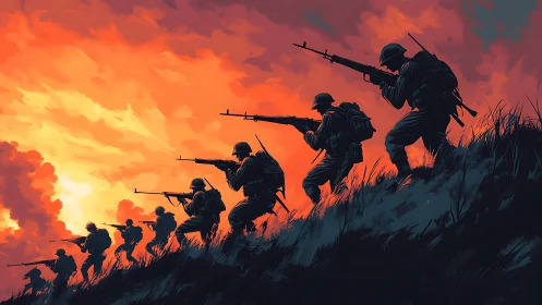 Soldiers advance uphill under burning orange war sky.