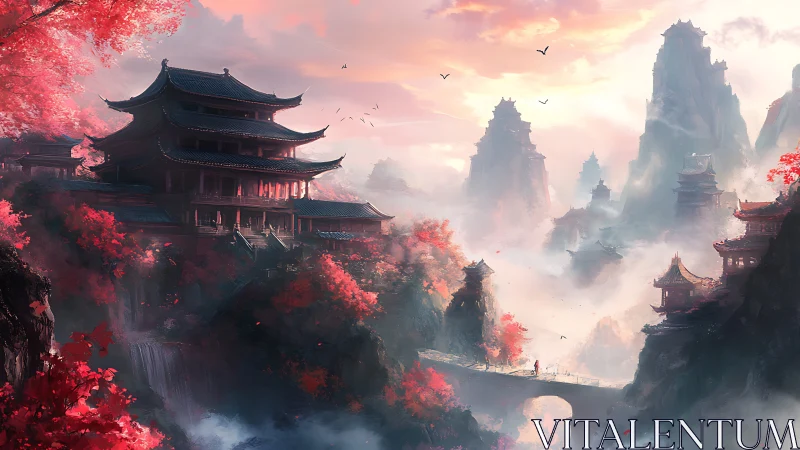 Crimson mountain temples welcome quiet wanderers at dawn