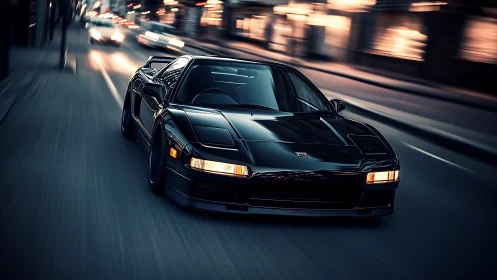 Midnight supercar streaking through neon-kissed city streets.