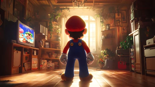 Video game character in sunlit room facing television screen.