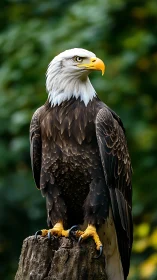 Bald eagle portrait with bokeh forest background composition.