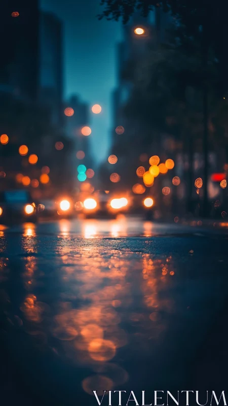 Defocused urban street at dusk with lights and reflections.