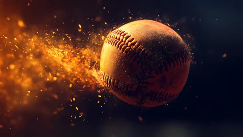 Baseball moves through dark space trailing glowing orange dust