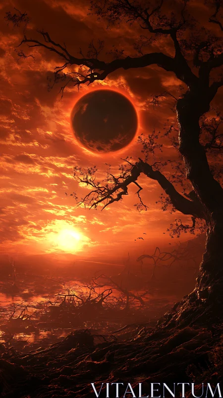 Eclipsed red sun over desolate swamp with silhouetted twisted tree