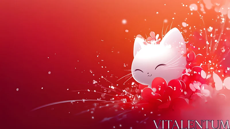 Whimsical Cat Surrounded by Blooming Hearts in Gradient Vermillion.