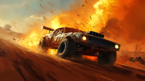 Muscle car outruns desert explosion in cinematic inferno.