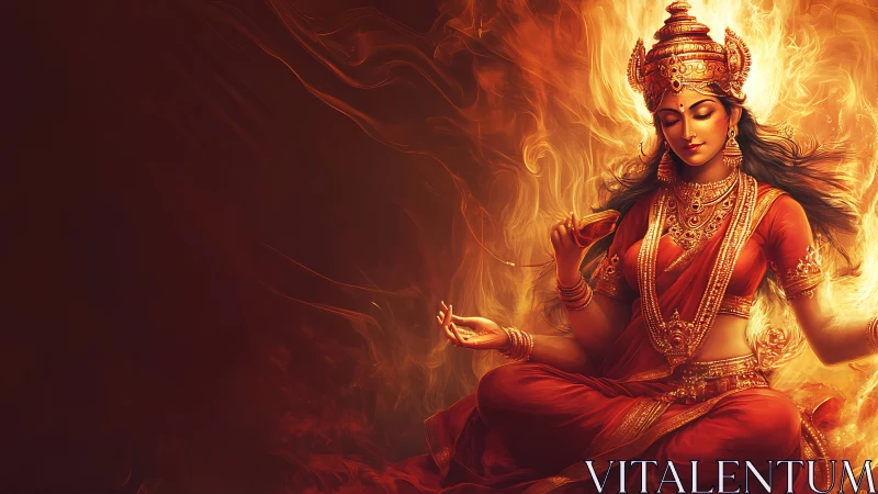 Radiant fire goddess in peaceful, glowing meditation pose.