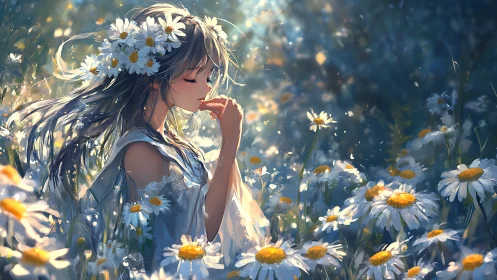 Digital painting of serene girl in sunlit daisy meadow field.