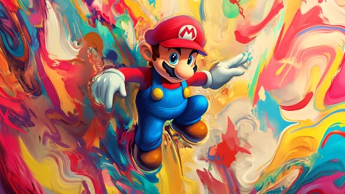 Dynamic cartoon hero suspended in abstract chromatic vortex