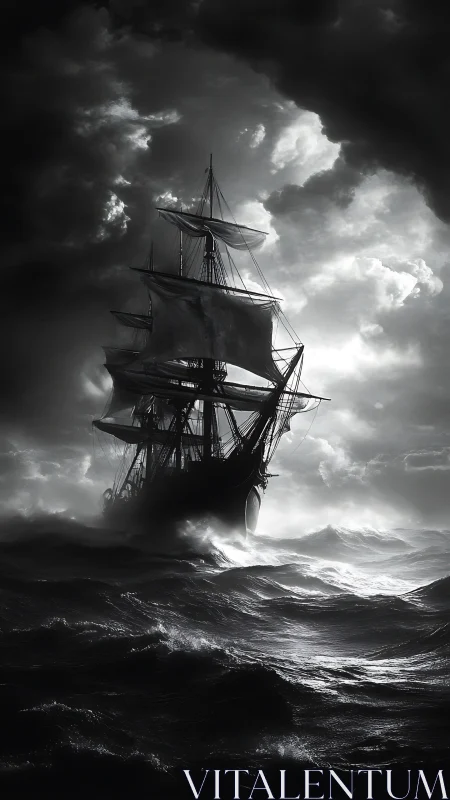 Monochrome tall ship under volumetric storm lighting at sea.
