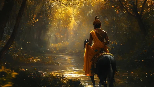 Rider in golden robe on horse under glowing forest light.