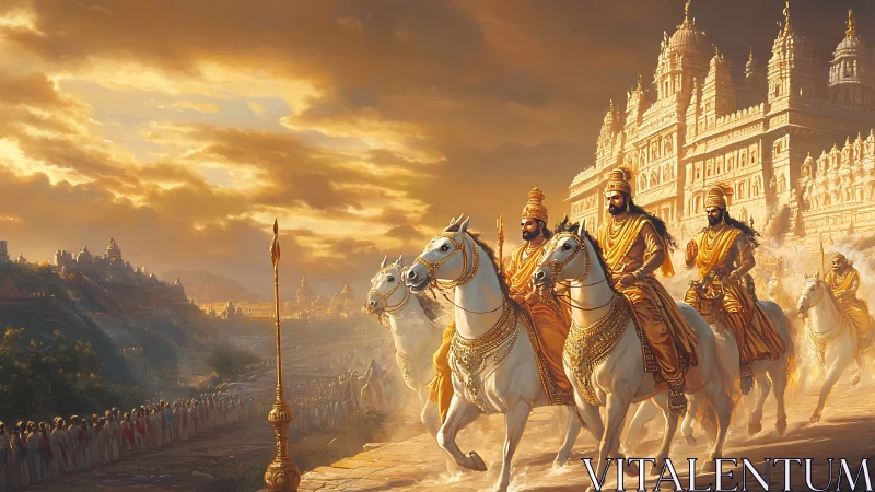 Golden warriors ride through dawn-lit mythic kingdom streets.