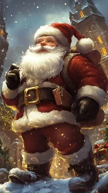 Santa Claus figure in snowy street with illuminated towers.