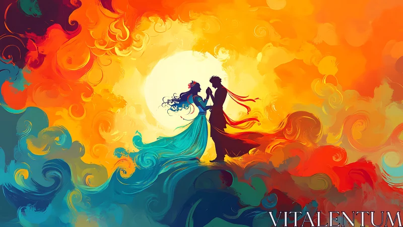 Two figures dance silhouetted against luminous moon and swirling flame