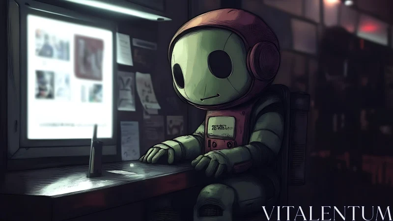 Small seated robot at illuminated workstation in dim room.