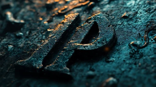 Macro close-up of weathered metallic letterform relief plate.