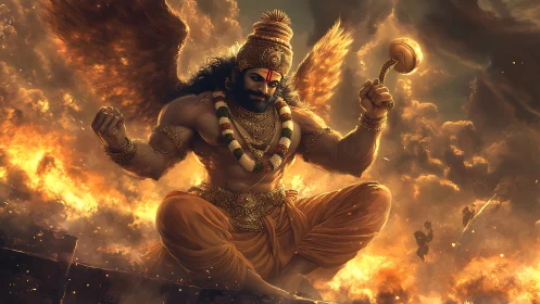 Winged warrior figure sits amid dense clouds and fire