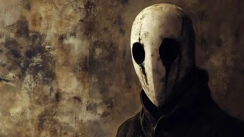Masked figure with hollow eyes in decayed textured setting.