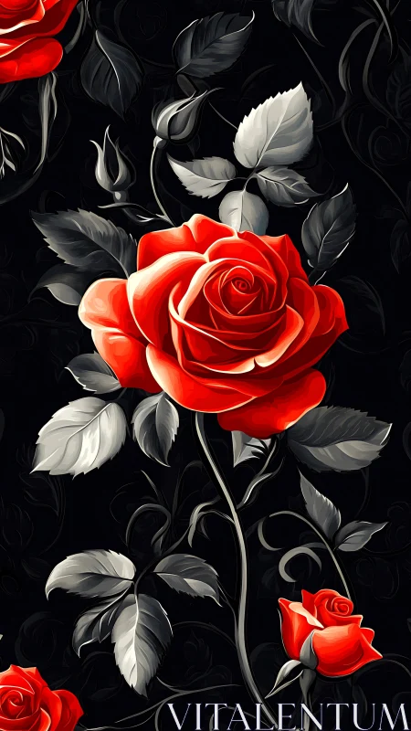 Digital red roses with white leaves on black background
