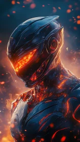 Molten sentry gazes through embers in a forged dawn