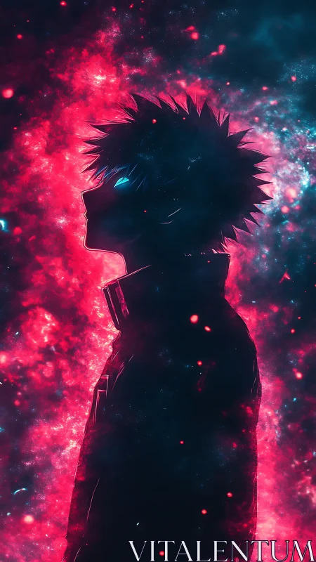 Stargazing anime silhouette glows softly in cosmic colors