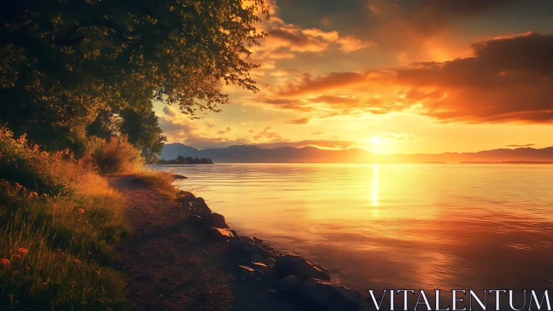 Sunset shoreline glows beside tranquil golden lake waters.