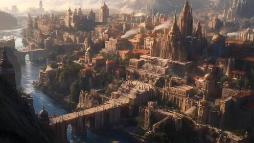 Sunlit river kingdom with towering cathedral citadel skyline.