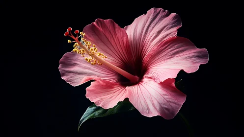 Pink hibiscus flower with golden stamen against deep black background isolation
