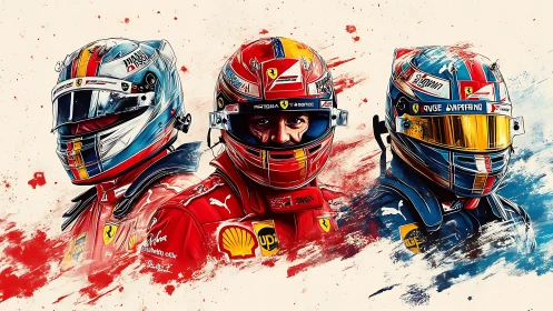 Helmeted racing drivers in stylized triptych composition.